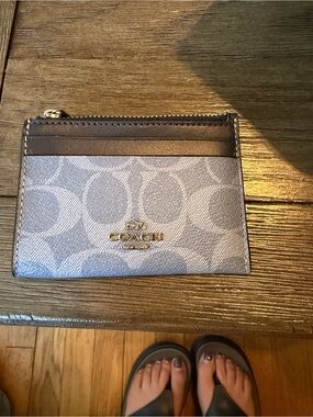 Coach Silver Gray Signature Card Case with Dark Brown Trim